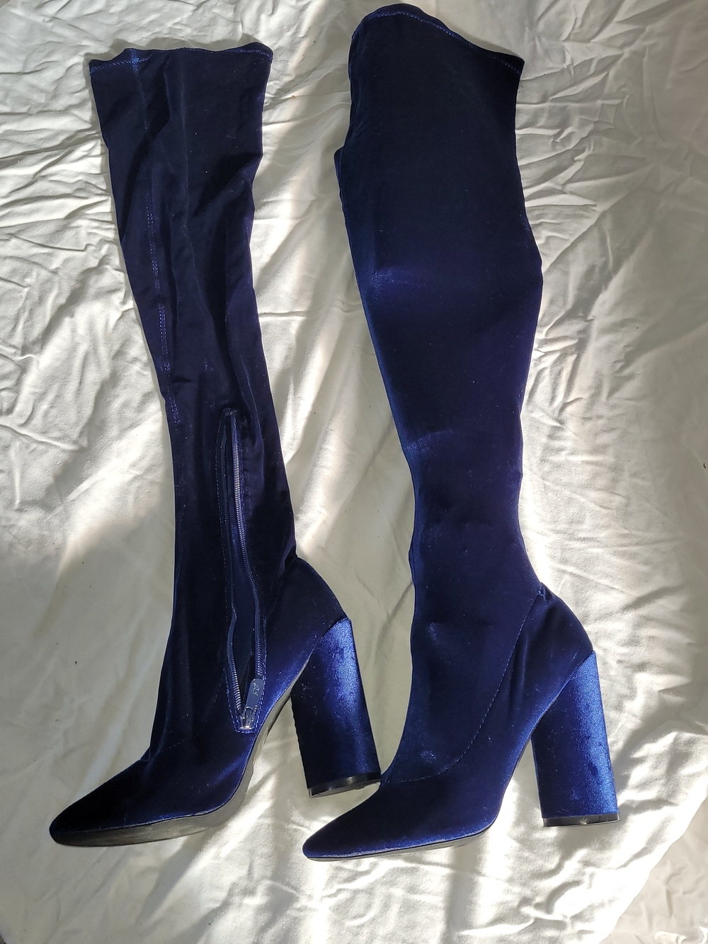 Public Desire Royal Blue Velvet Thigh High Boots Block Heel